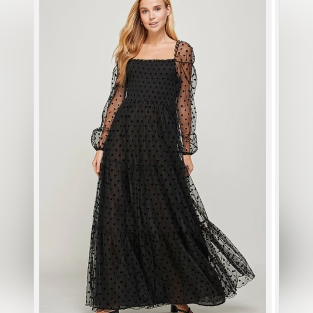 NWOT Black Dotted Mesh Maxi Dress